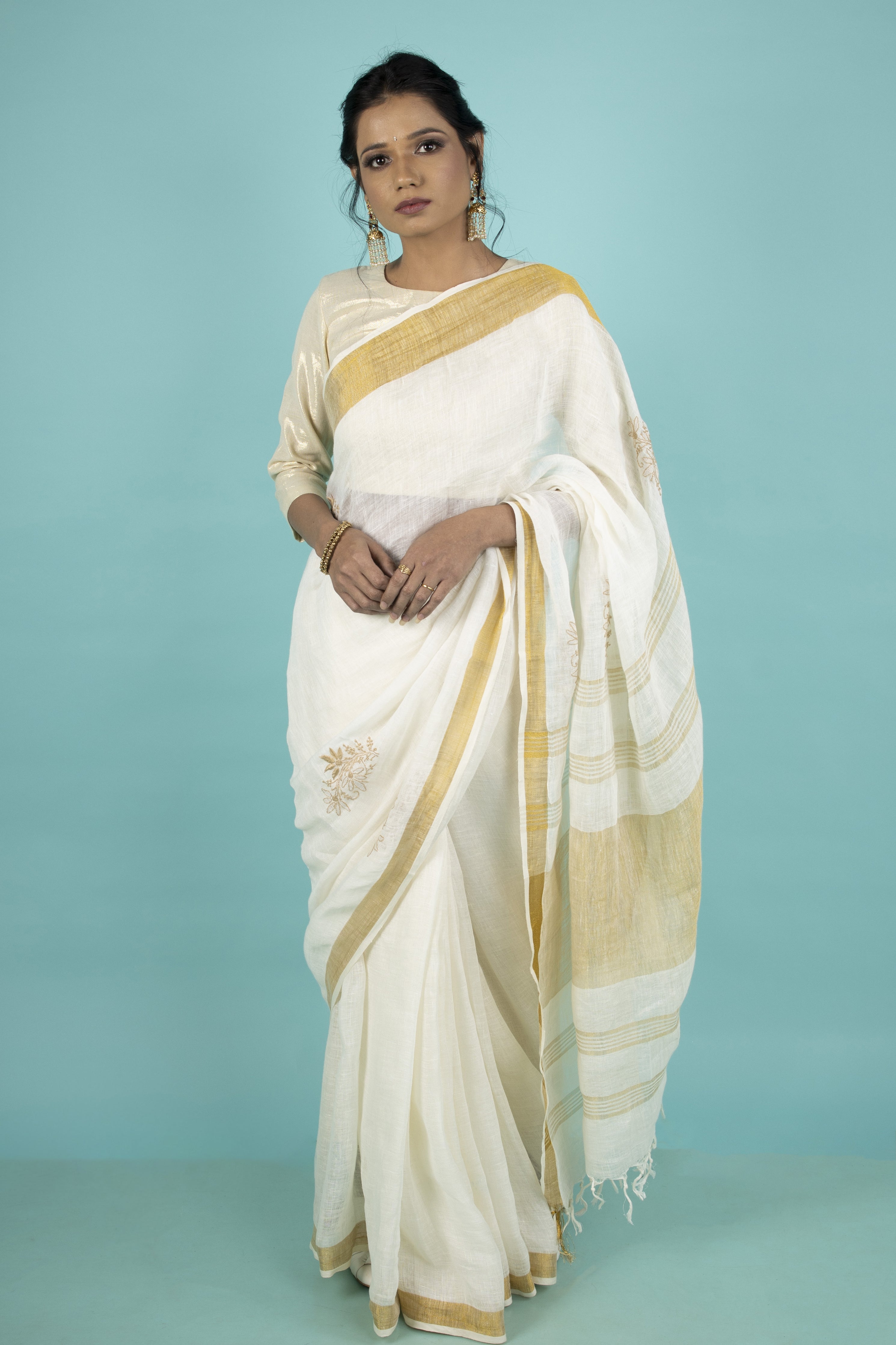 Teal Blue Glass Tissue Saree With Gota Patti Border – kreationbykj